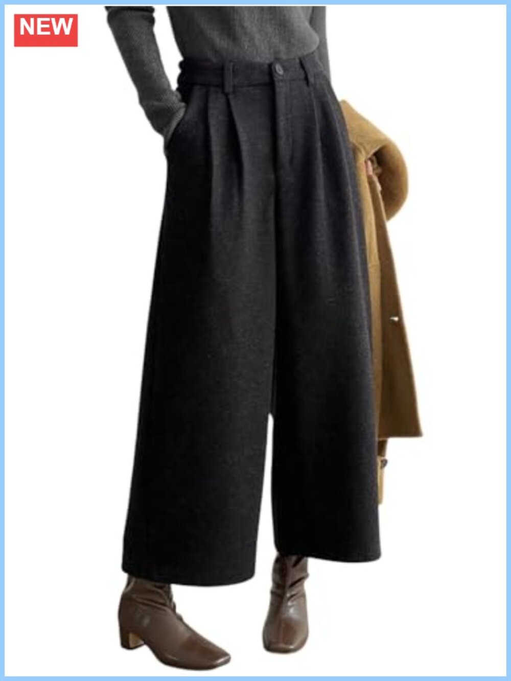 Wool Blend Culottes Cropped Wide Leg High Waist Pleated Palazzo Pants